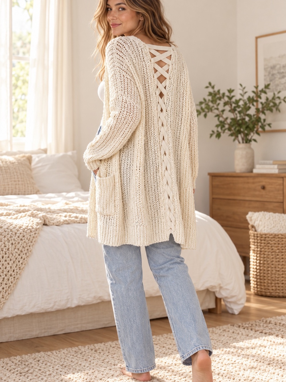 POOF Apparel Cream Lace-Up Back Open Knit Longline Cardigan Medium